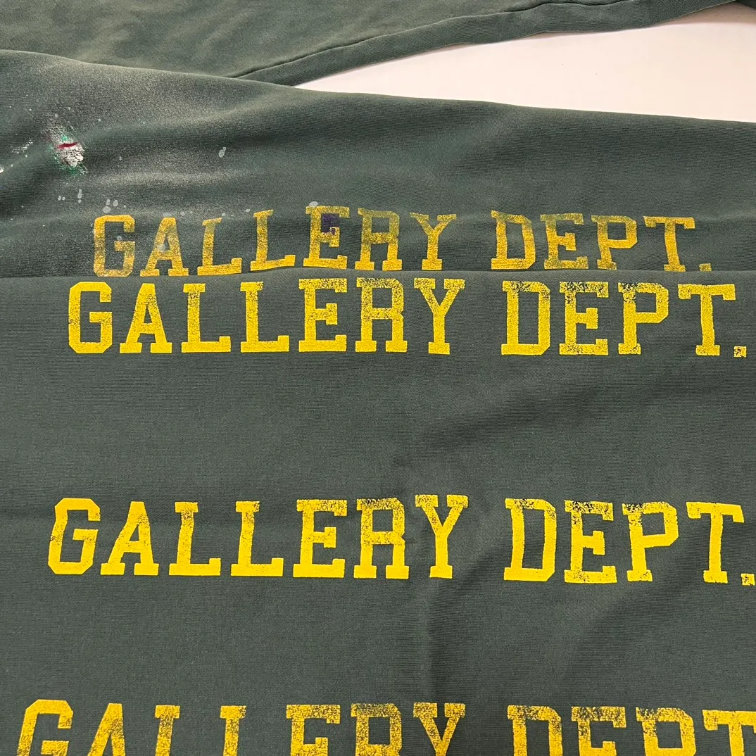 GALLERY DEPT. GD PROPERTY OF SWEATPANTS splashed ink, washed and distressed sweatpants, dark green S-XL, heavy wash and distressed, handmade acrylic splashed ink graffiti, perfect top restoration